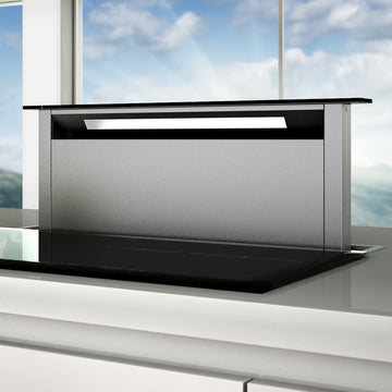 880mm Downdraft Rangehood - Black Glass Fascia & Stainless Steel Trim